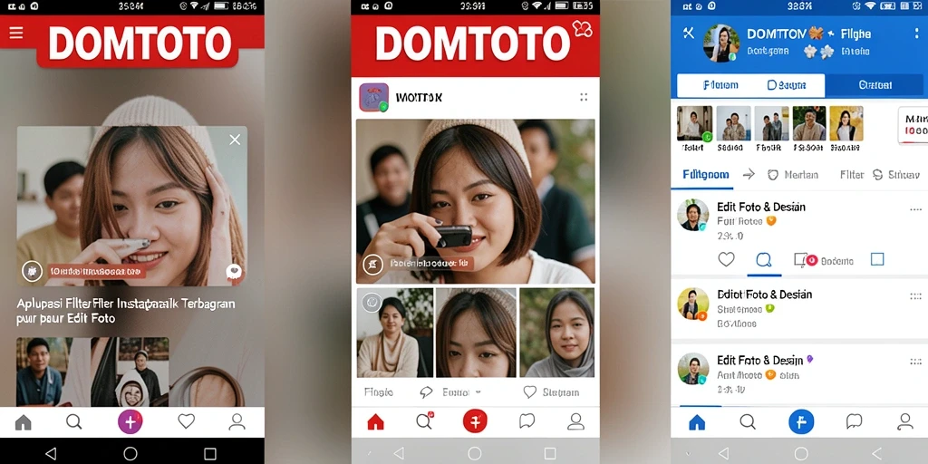 Tampilan antarmuka aplikasi DOMTOTO dengan berbagai pilihan filter Instagram.